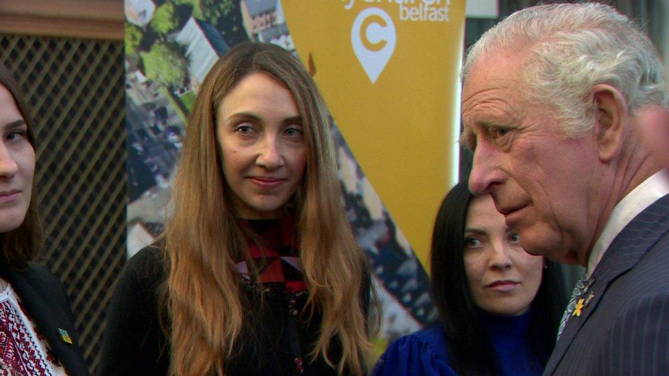 The prince speaks to Ukrainian refugee Maryna at Titanic Belfast