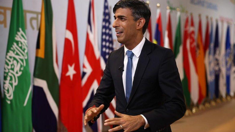 Prime Minister Rishi Sunak speaks to media as he prepares to leave the G20 Summit in New Delhi