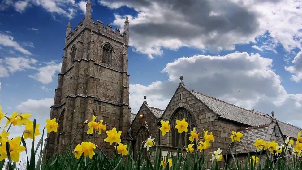 Daffodils in a churchyard