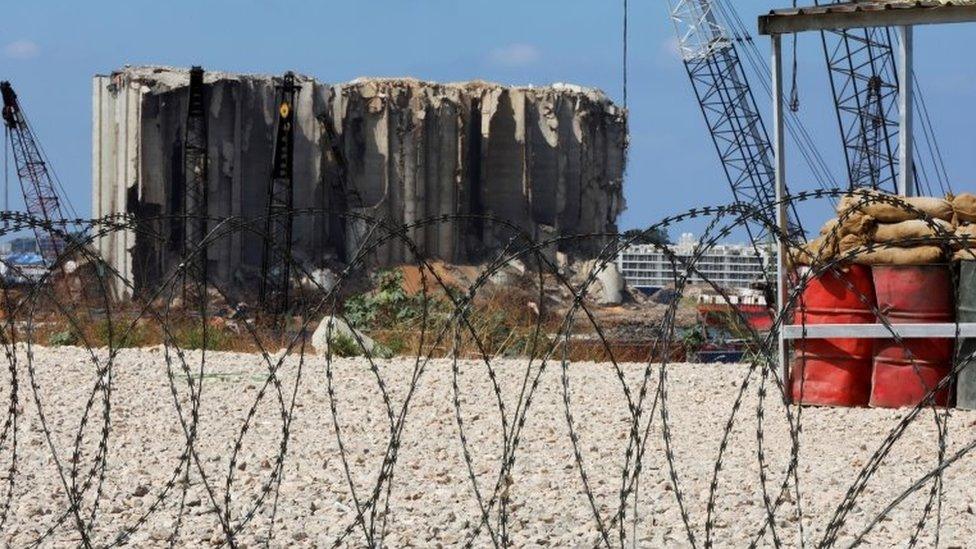 Razor wire in front of the site of the 2020 Beirut port explosion, Lebanon (29 September 2021)