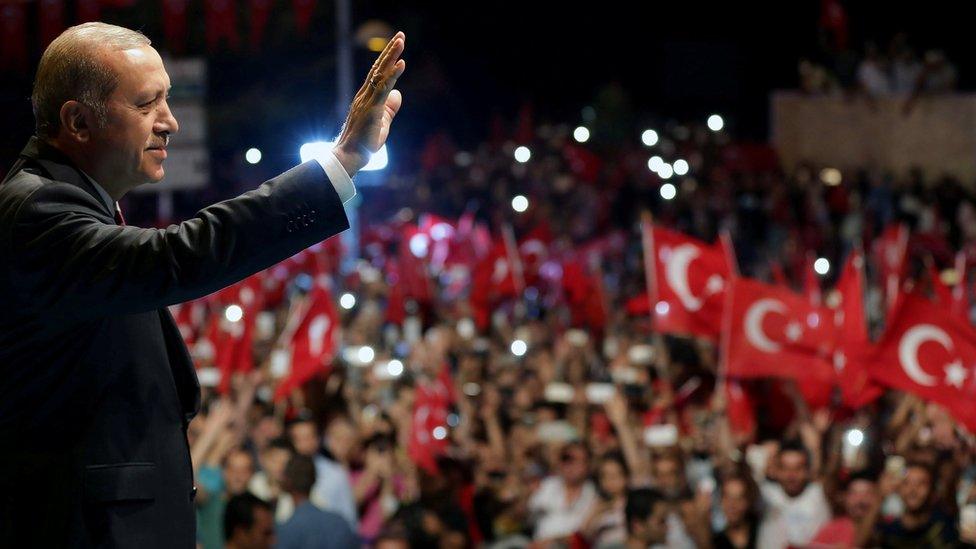 Turkish President Tayyip Erdogan greets his supporters outside of his residence in Istanbul, Turkey, early July 19, 2016, in this handout photo provided by the Presidential Palace