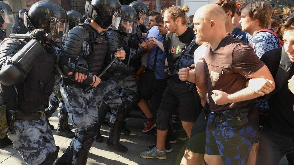 Police and protesters in Moscow, 27 July