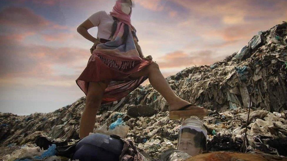 A woman stands on a jar featuring the image of General Min Aung Hlaing, in a protest akin to cursing