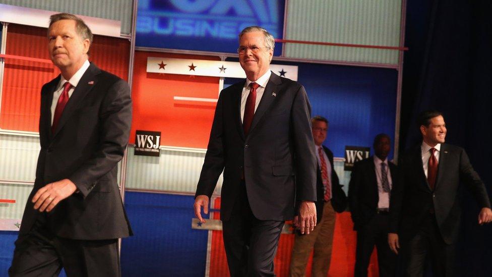 Candidates walk onto the stage at the Republican debate in Milwaukee.