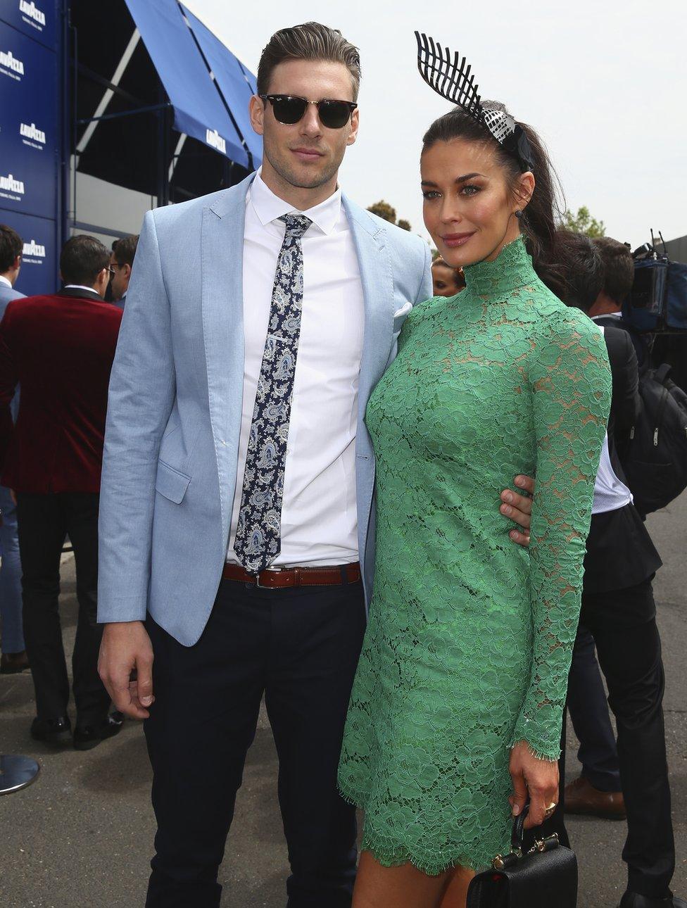 Shaun Hampson and Megan Gale pose at the Lavazza Marquee on Melbourne Cup Day at Flemington Racecourse on November 3, 2015 in Melbourne, Australia