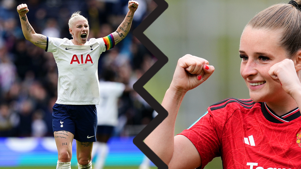 Tottenham Hotspur’s Bethany England and Manchester United’s Ella Toone celebrate making the final of the Women’s FA cup.