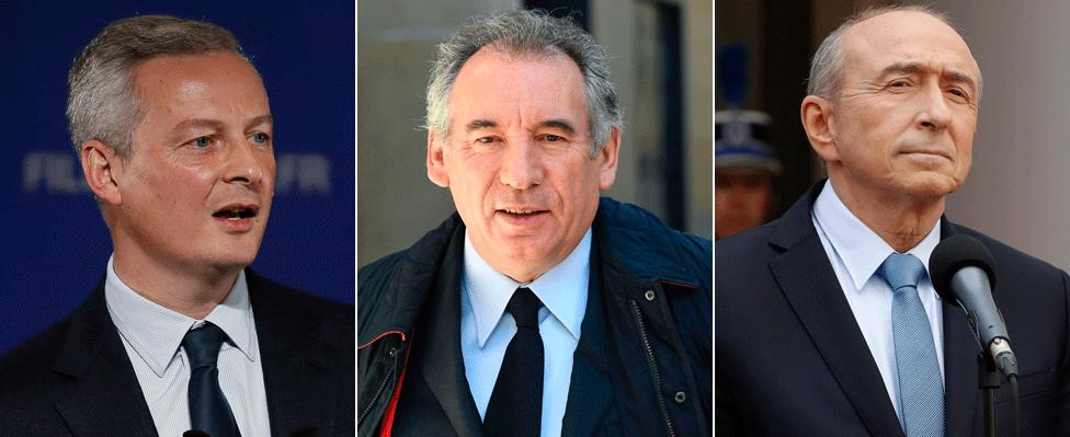 (L-R) Bruno Le Maire, François Bayrou and Gérard Collomb