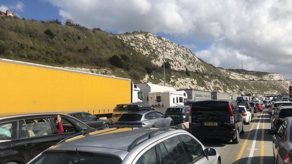 Queues of vehicles approaching Dover