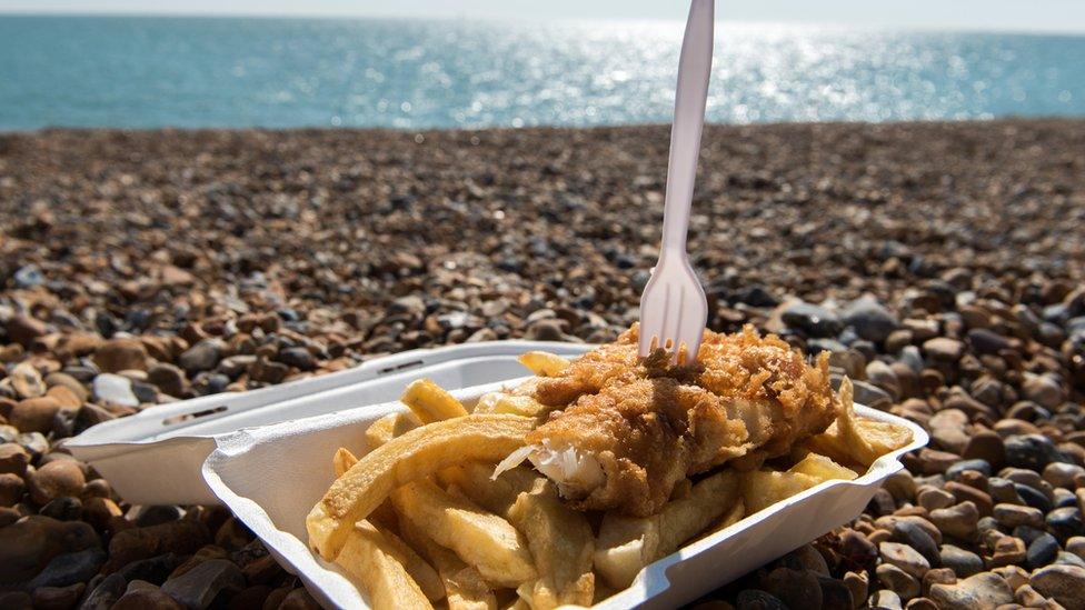 Fish and chips on a beach