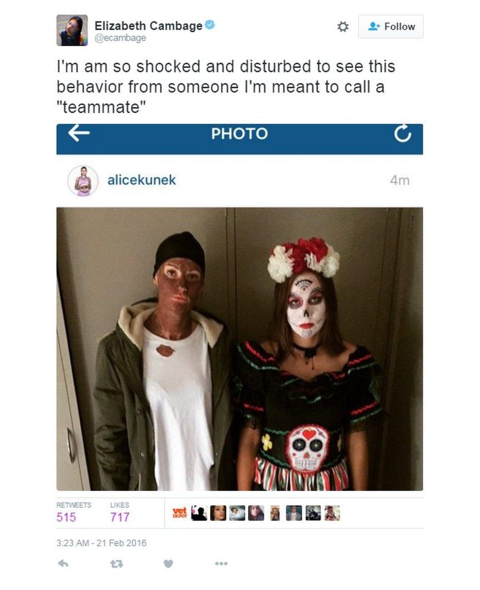 Basketballer Alice Kunek posted this photo of herself wearing blackface to her Instagram account