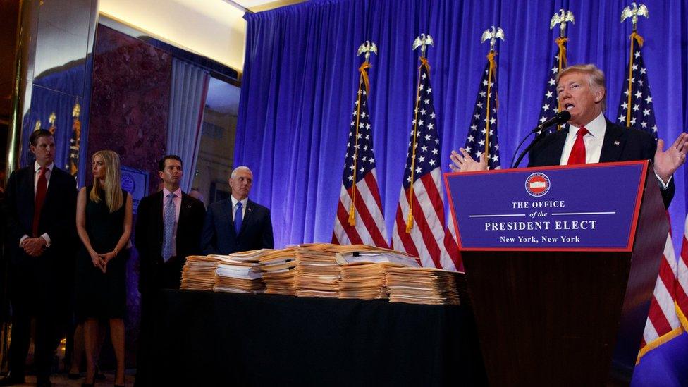 President-elect Donald Trump speaks during a news conference in the lobby of Trump Tower in New York, Wednesday, Jan. 11, 2017