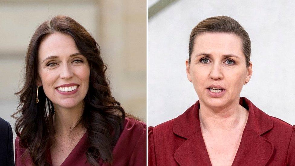 New Zealand's Prime Minister Jacinda Ardern (L) and Danish Prime Minister Mette Frederiksen