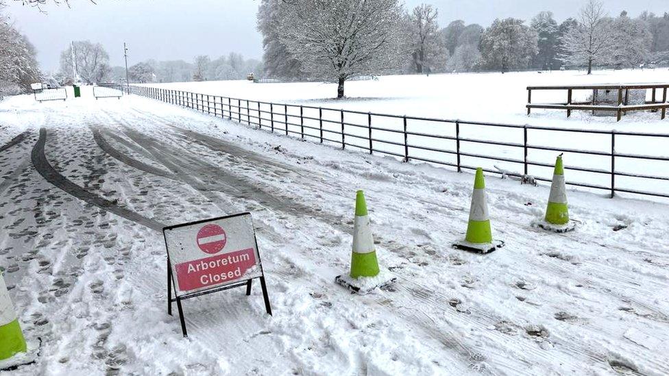 Westonbirt Arboretum approach road in snow