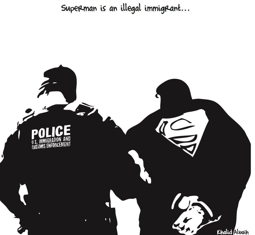 A cartoon showing Superman being arrested by immigration officials in the US