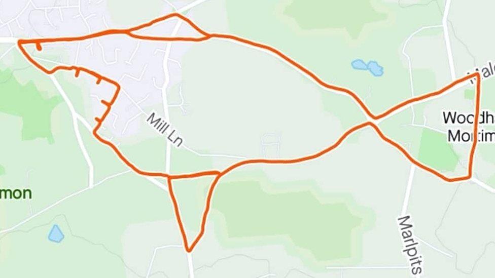 A running route in the shape of a shark