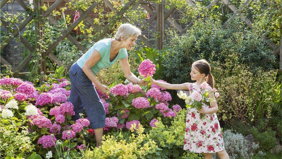 Girl with Grandma in the garden