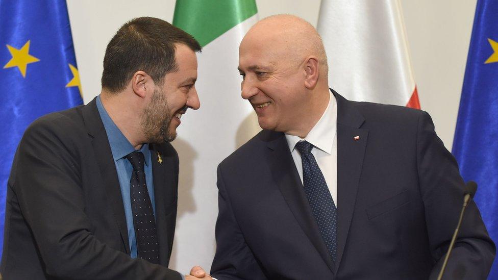 Matteo Salvini, left, smiles and shakes hands with Joachim Brudzinski at a press conference event - behind the pair are both nation's flags and the flag of the EU