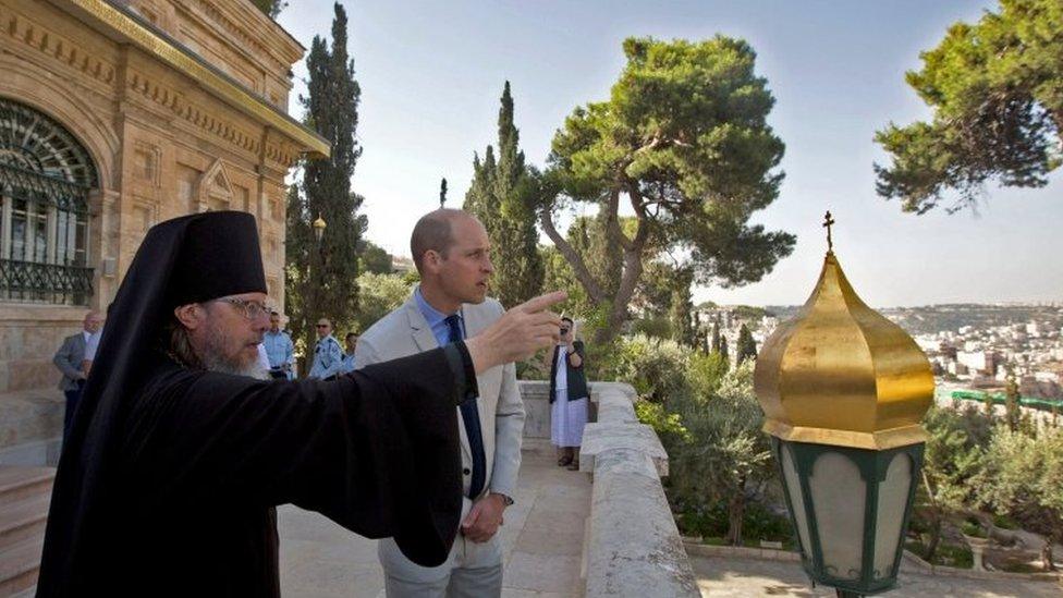 The Duke of Cambridge with Archimandrite Roman, Father Roman head of the Russian Ecclesiastical Mission in Jerusalem