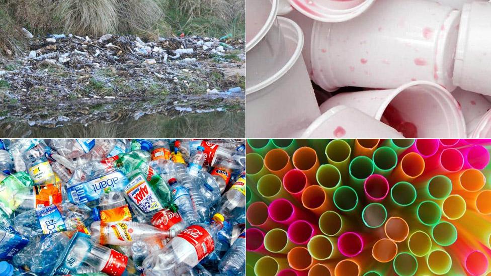 A photo of plastics including vibrant plastic straws, used cups and plastic bottles