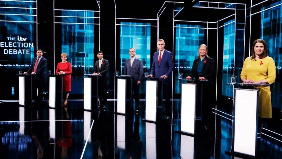 (L-R) Labour's Richard Burgon, SNP leader Nicola Sturgeon, the Chief Secretary to the Treasury Rishi Sunak, Brexit Party leader Nigel Farage, Plaid Cymru leader Adam Price, Green Party co-leader Sian Berry and Liberal Democrats leader Jo Swinson