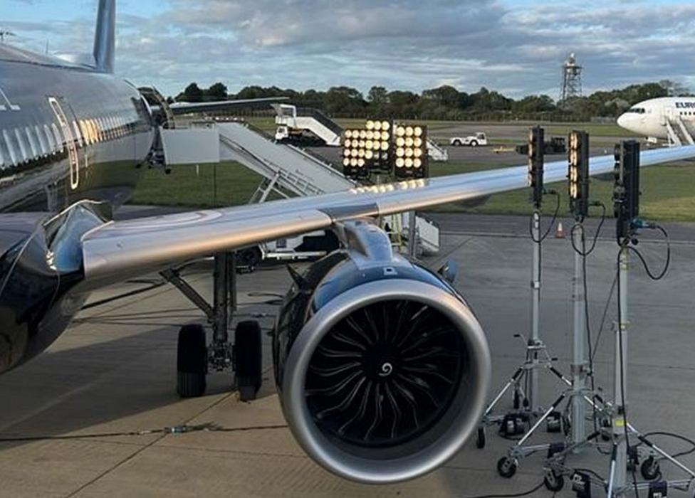 Halogen film lighting next to an Airbus wing at Stansted Airport