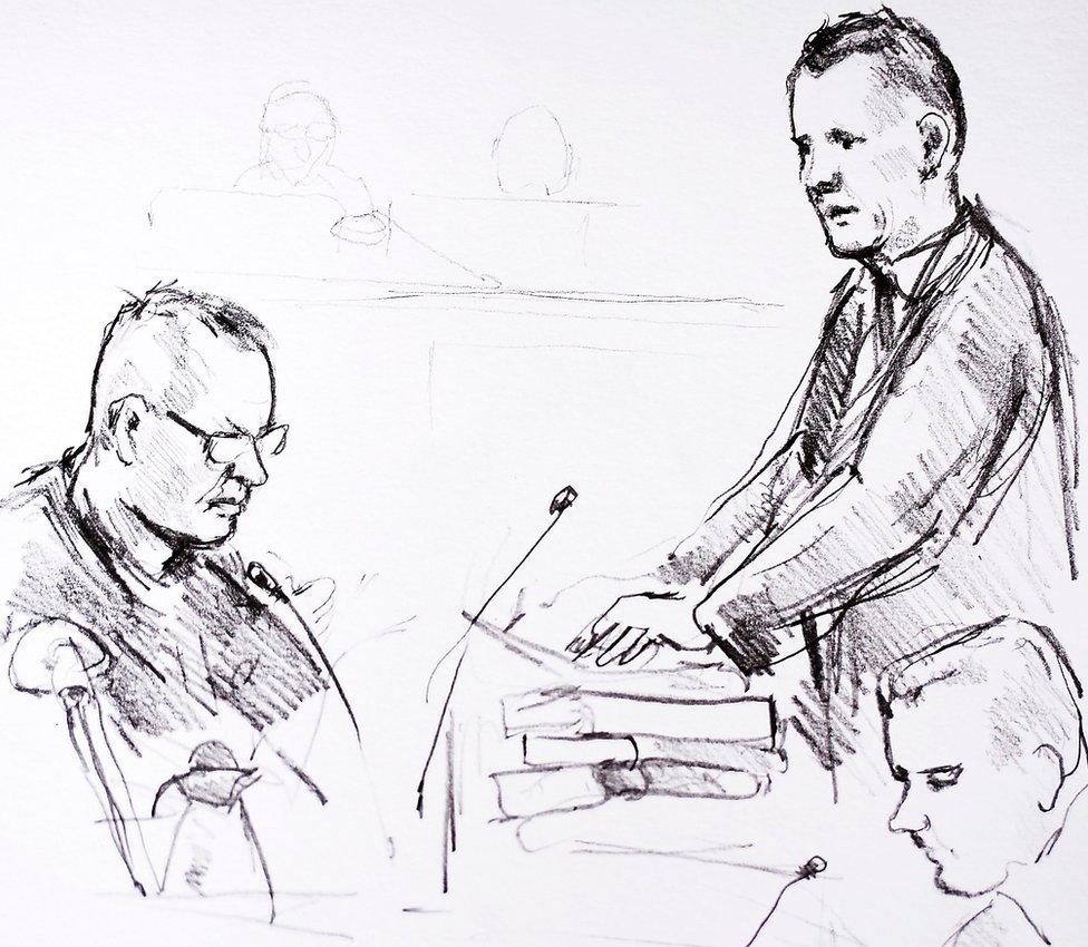 Court drawing by Anne Gyrite Schuett made available by Danish news agency Ritzau Scanpix on 8 March 2018 shows accused Peter Madsen on the first day of the trial