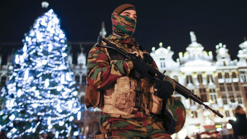 A soldier patrols the Belgian capital Brussels