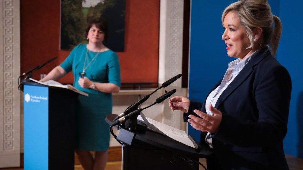 First Minister Arlene Foster and Deputy First Minister Michelle O'Neill at Parliament Buildings, Stormont during a Covid-19 press conference