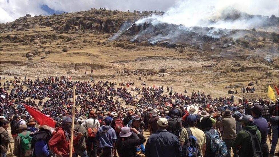 A handout photo released by the Observatory of Mining Conflict of Peru shows hundreds of demonstrators during a protest against the copper mining project Las Bambas in Fuerabamba on 28 September 2015.