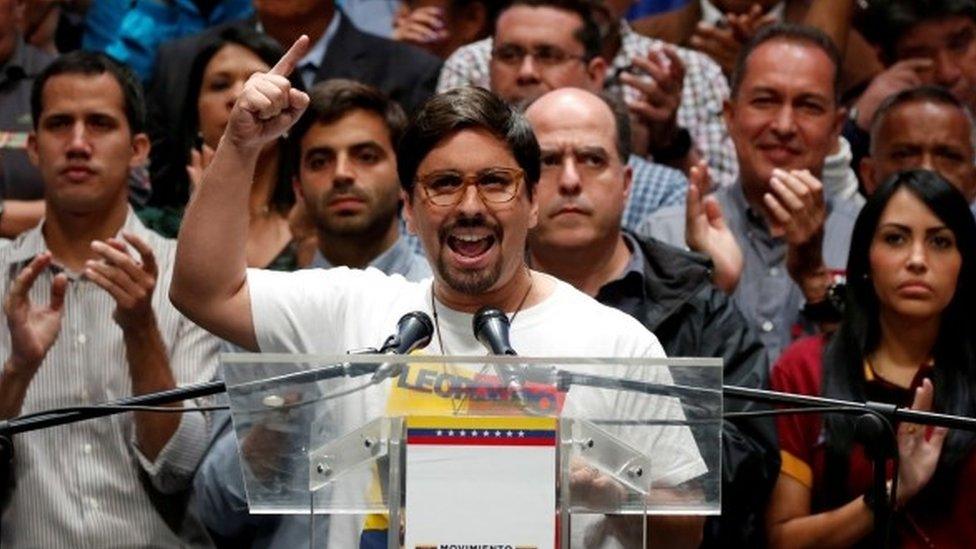 Freddy Guevara (C), first Vice President of the National Assembly and lawmaker of the Venezuelan coalition of opposition parties (MUD), talks to the media during a news conference in Caracas, Venezuela July 17, 2017.