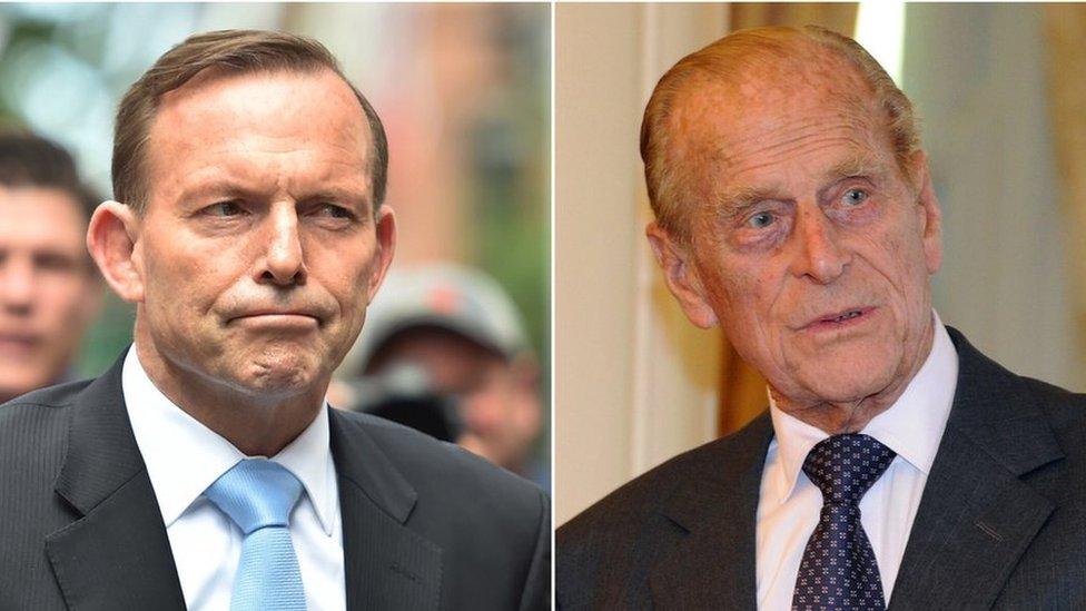 A combination of two file photos shows former Australian prime minister Tony Abbott (L) in Sydney on 16 December 2014, and Britain's Prince Philip (R) in Canberra on 21 October 2011.