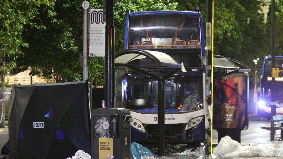 Double decker bus crashed into bus stop