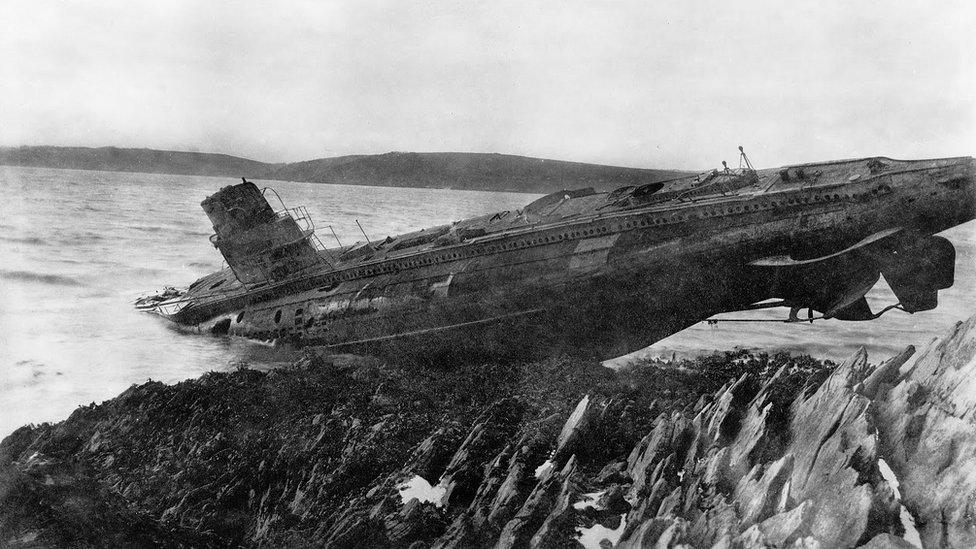 German U-boat on a beach in Falmouth