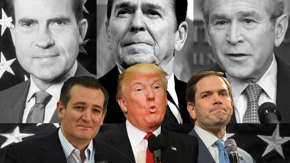 Composite of Ted Cruz, Donald Trump and Marco Rubio imposed ontop of previous Republican US presidents