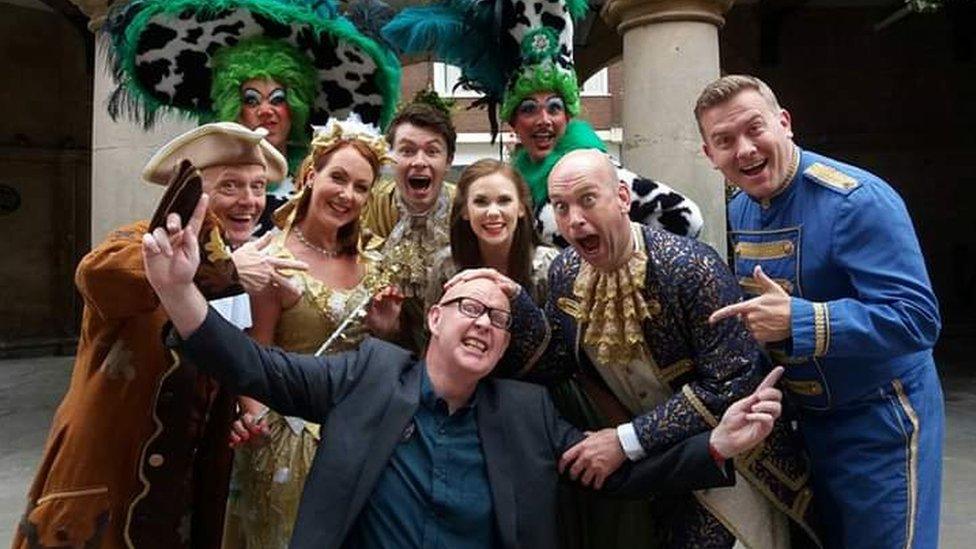 Kevin Langford with the cast of Cinderella in Shrewsbury in 2016