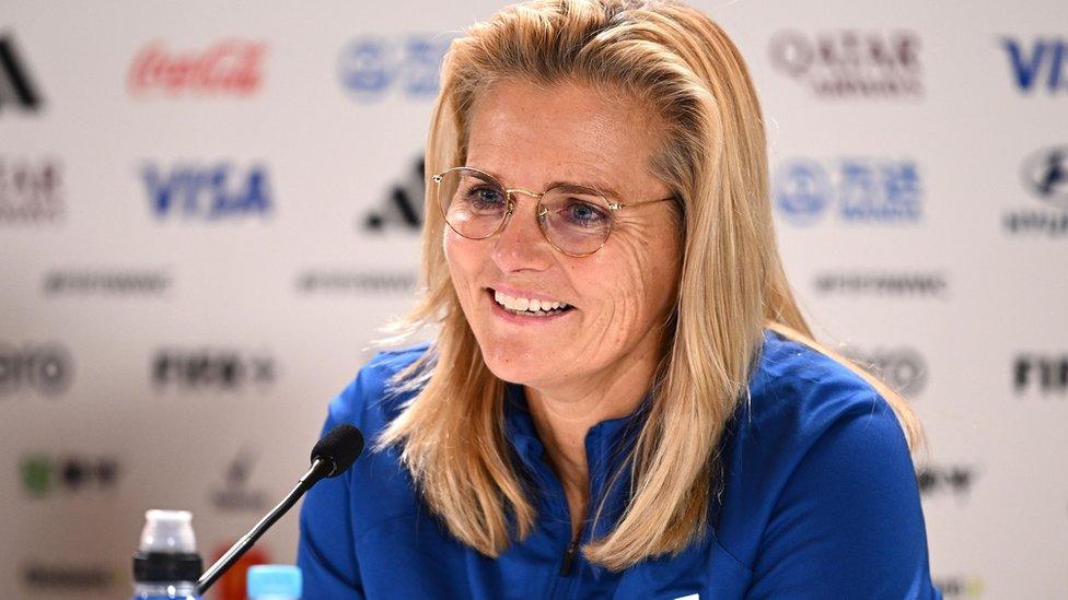 England head coach Sarina Wiegman speaks to media during a team England press conference at Stadium Australia in Sydney, Australia, 15 August 2023.