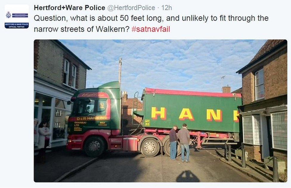 Police tweet: Question, what is 50 feet long and unlikely to fit through the narrow streets of Walkern#satnavfail