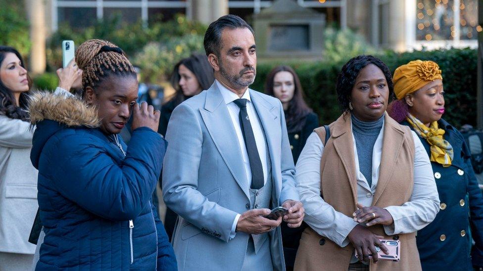 Lawyer Aamer Anwar with the sisters of Sheku Bayoh; Adama Jalloh (left), Kadi Johnson (centre) and Kosna Bayoh (right)