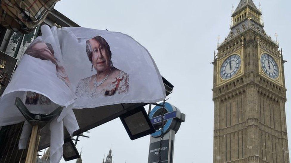 Flag of the Queen being sold on a stall near Parliament