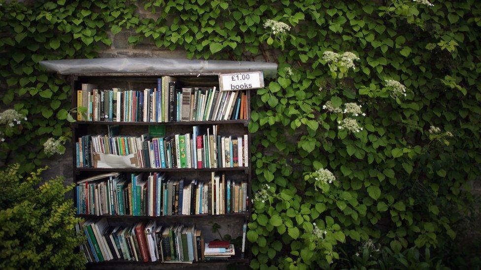 Books for sale outside a second hand bookstore in Hay-on-Wye