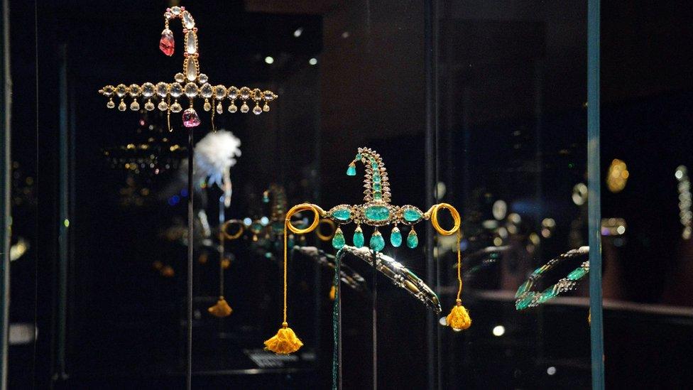 Jewels on display at the "Treasures of the Mughals and Maharajahs" Exhibition at Venice's Doge"s Palace in Venice, Italy on 3 January 2018.