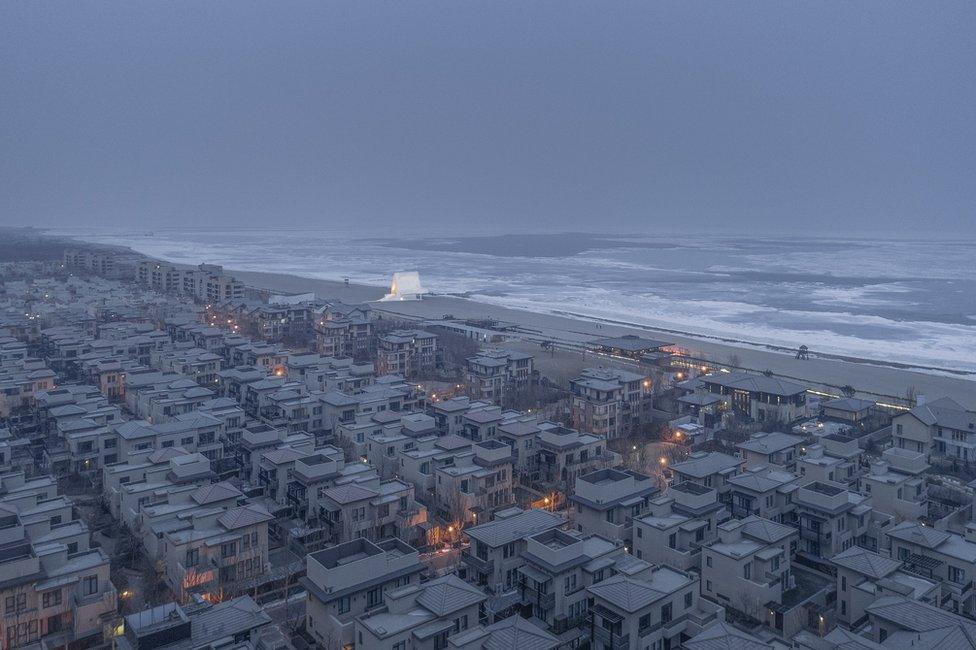 White residential buildings next to a beach