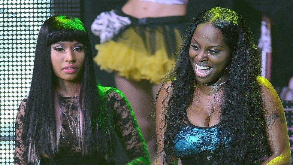 (L-R) Nicki Minaj and Foxy Brown perform at Roseland Ballroom on August 14, 2012 in New York City.