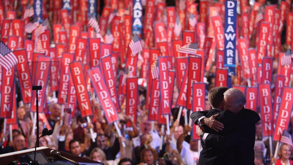 U.S. Democratic Vice-Presidential nominee Sen. Joe Biden (D-DE) (R) hugs his son Delaware Attorney General Beau Biden, during day three of the Democratic National Convention (DNC) at the Pepsi Center August 27, 2008 in Denver, Colorado.