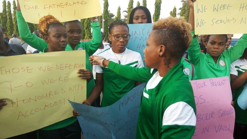 The Falcons protesting outside the National Assembly in Abuja Wednesday morning