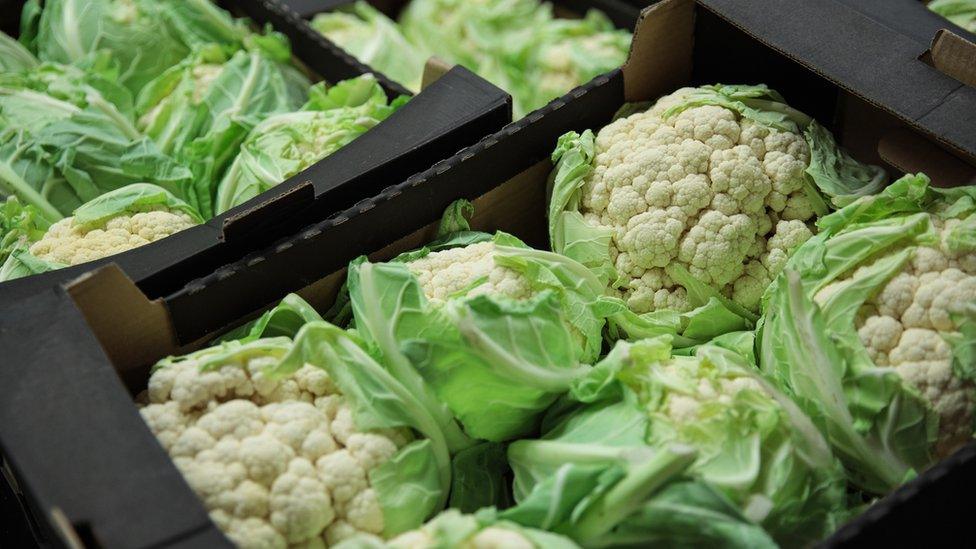 Boxes of cauliflowers ready to be sold at a market