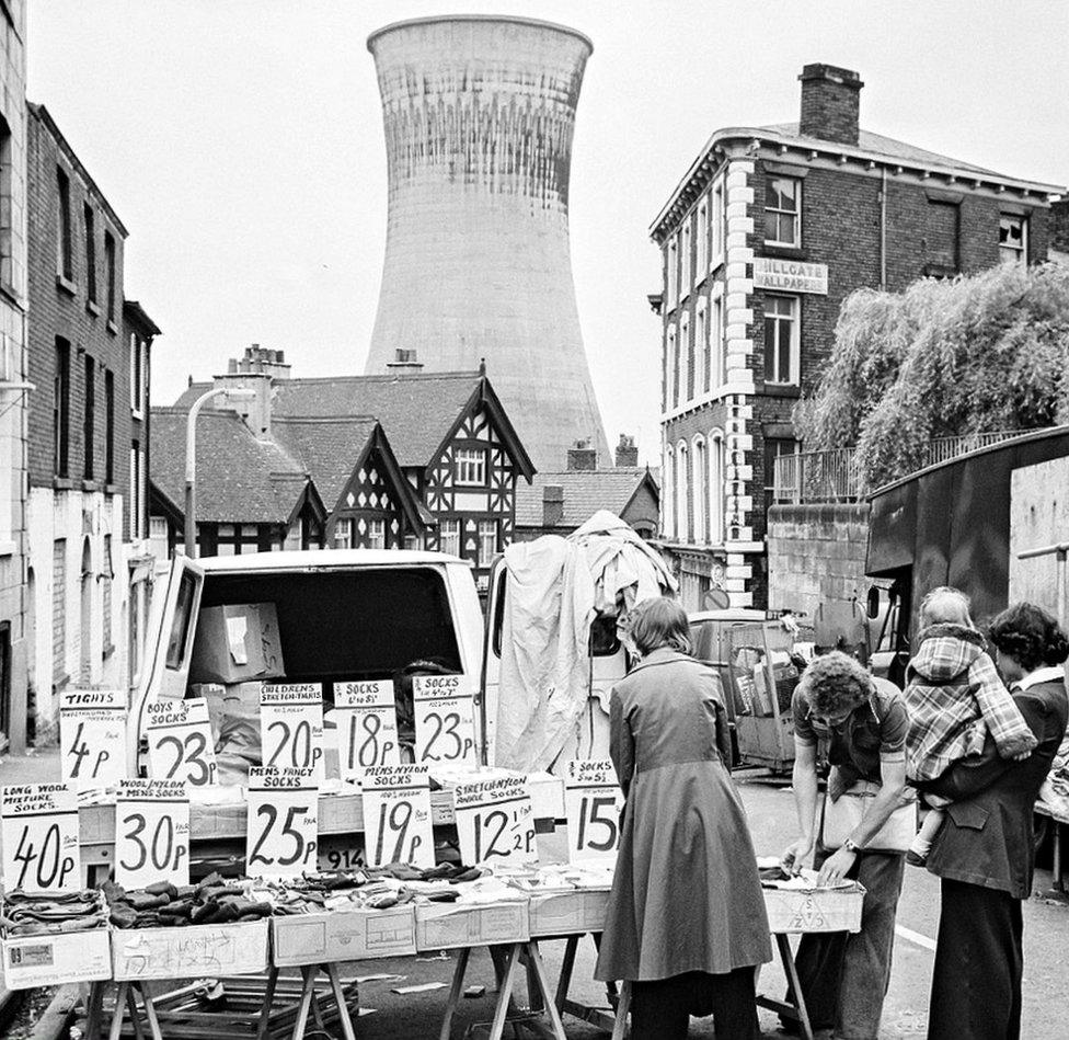 Stockport cooling tower behind the marketplace