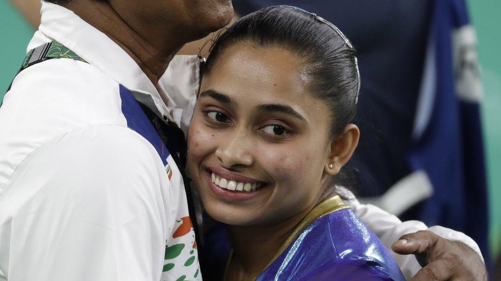 Dipa Karmakar of India smiles after an attempt during the women"s Pole Vault Final competition of the Rio 2016 Olympic Games Artistic Gymnastics events at the Rio Olympic Arena in Barra da Tijuca, Rio de Janeiro, Brazil, 14 August 2016.