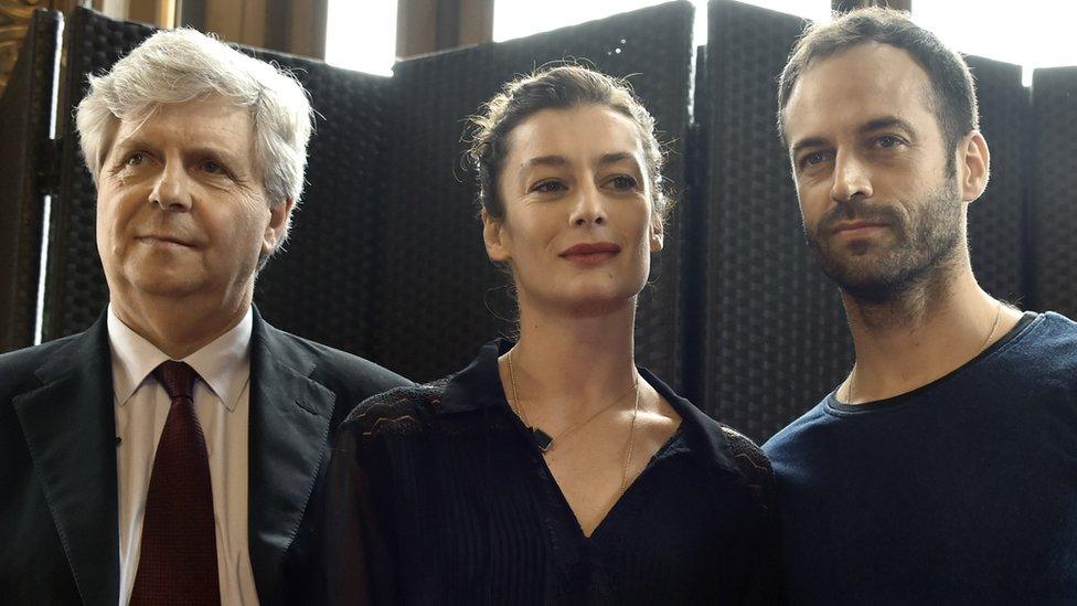Opera de Paris director Stephane Lissner, left, with outgoing director of the Paris Opera Ballet Benjamin Millepied, right, and his successor Aurelie Dupont, centre