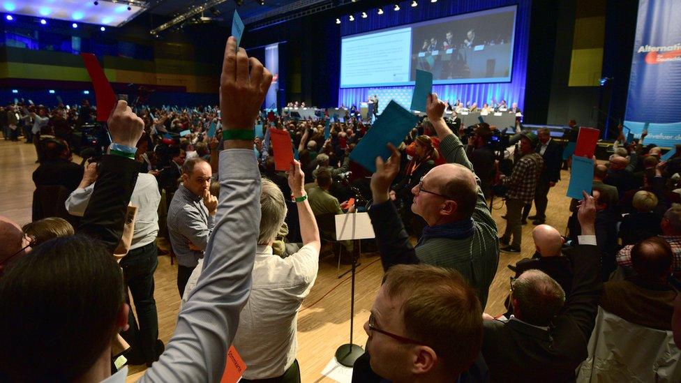 Delegates seen from above, holding cards above their heads